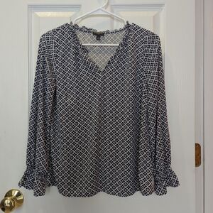 Talbots Blue and White Ruffled Bell Sleeve Blouse